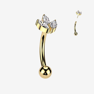 Implant Grade Titanium OneFit Threadless Golden Marquise Flower Sparkle Top Curved Barbell-Clear Gem